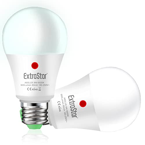 EXTRASTAR Bombilla LED con Sensor Crepuscular Day/Night, E27, 900Lm, 9W, Equivalente a 72W, Luz Blanca Fría 6500K, Encendido/Apagado Automático, Para Pasillo, Jardín, Terraza, 2Pcs