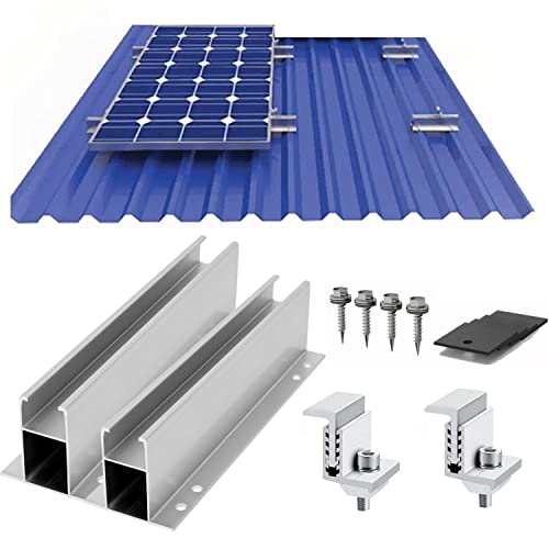 Juego de fijación para 1 módulo solar PV con 4 soportes de perfil para techo de chapa plana, universal, sistema de fijación de raíl de 180 mm, terminales terminales centrales de aprox. 35 mm.