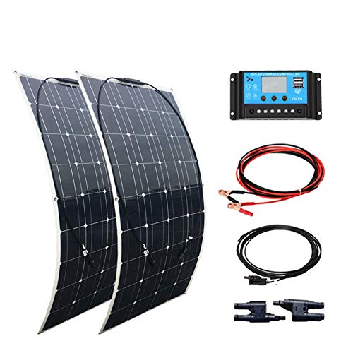 XINPUGUANG 200W kit de Panel Solar 2pcs 100w fotovoltaico módulo monocristalino flexible 20A regulador para automóvil, barco, marina, autocaravana, caravanas, batería de 12v (Blanco)