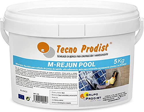 M-REJUN POOL de Tecno Prodist (5 Kg) Mortero flexible para sellado de juntas de baldosas y gresite en piscinas, ceramica, ladrillo, etc, apto para inmersión permanente (Junta 2 a 20 mm) Blanco