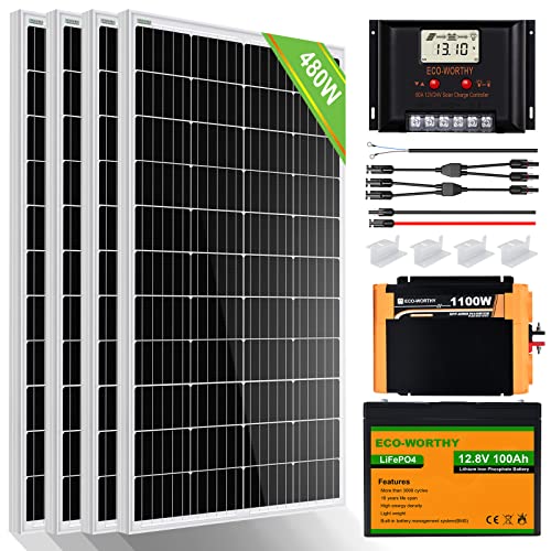 ECO-WORTHY 480W 24V 2KWh/día Kit Solar con Bateria Litio Sistema Completo para:4pcs 120W Panel Solar Monocristalino + 2pcs 50AH Bde Litio + 60A Controlador Solar + 1100W Inversor